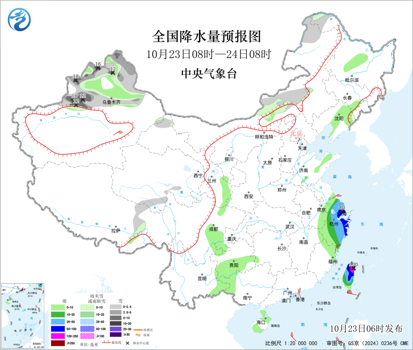 华东沿海警惕“蔷琵”风雨影响新疆华北等地有雨雪天预报图