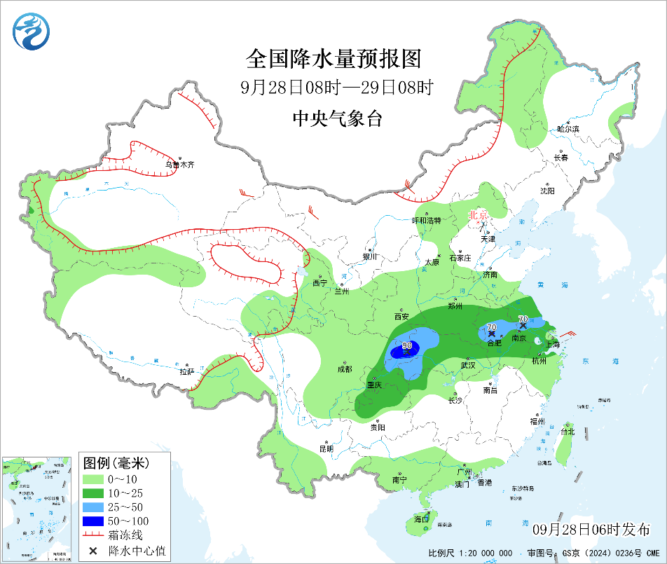 较强冷空气南下内蒙古有明显降温华西至江淮降雨持续预报图