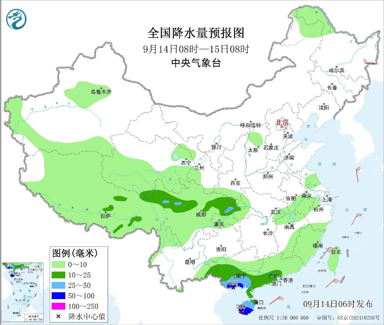 海南岛及广西南部降雨较强华西及湖北等地多降雨天气预报图