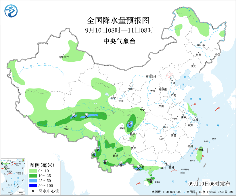 全国大部地区天气晴好四川云南等地多降雨预报图